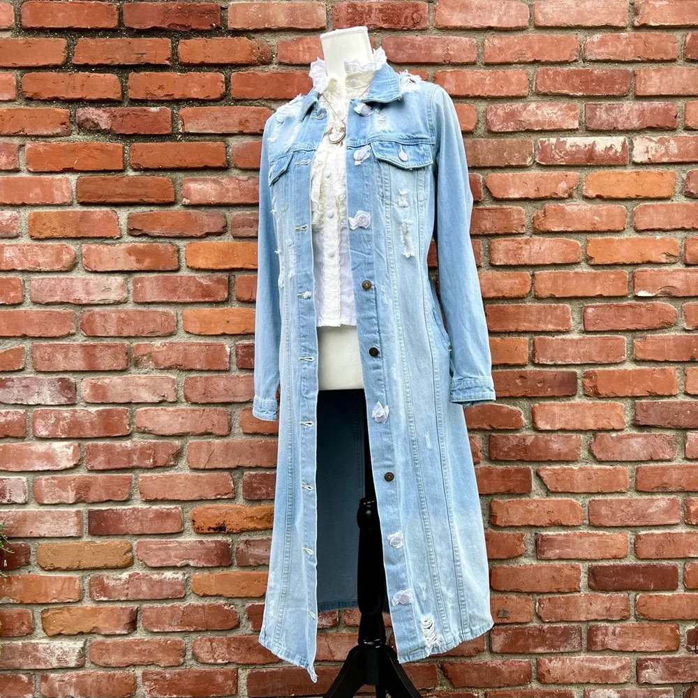 Distressed Blue Jean Long Jacket Duster Topper NWT - Picture 8 of 8